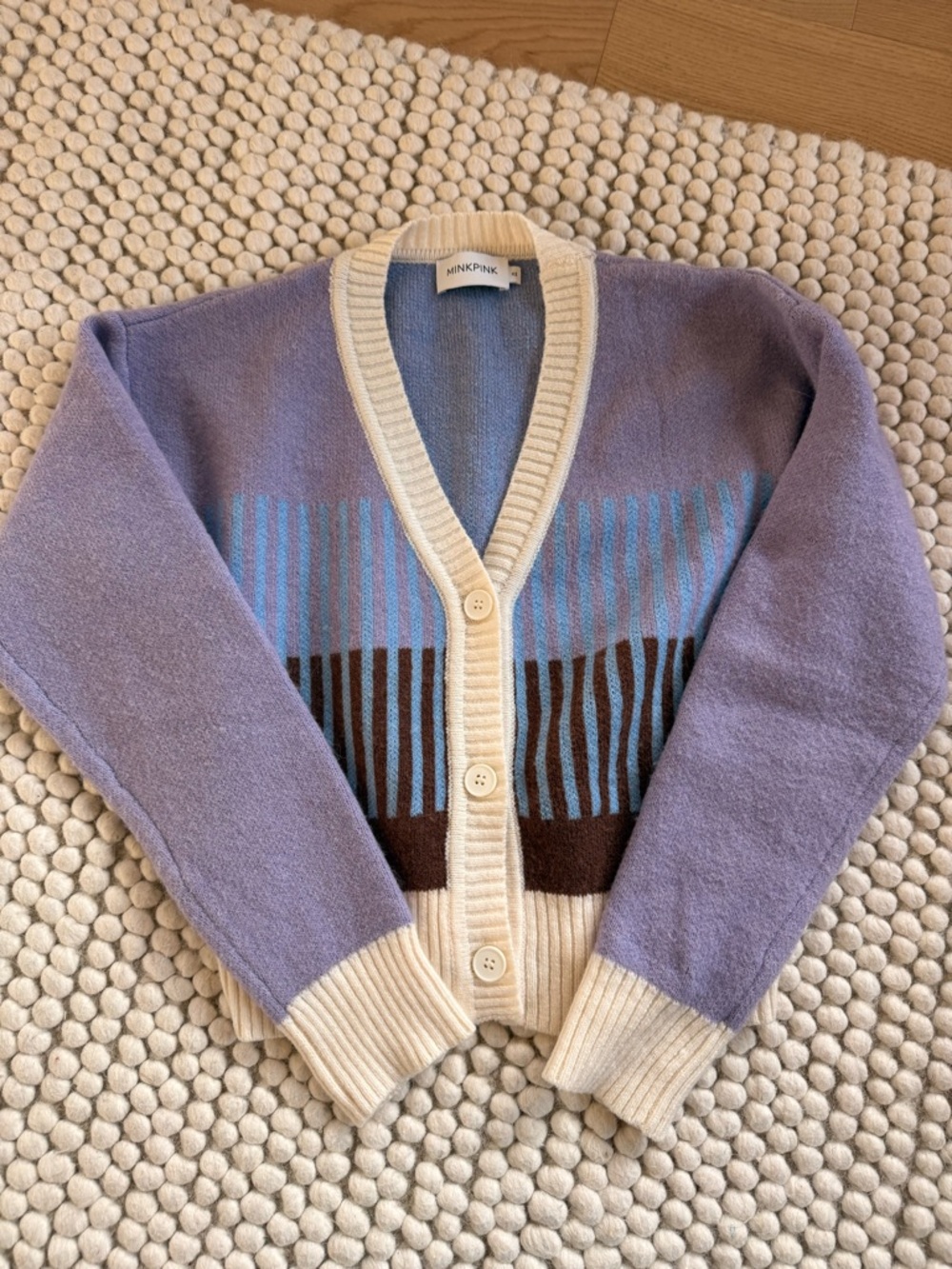 MINKPINK Lavender Stripe Knit Cardigan with Cream Trim XS